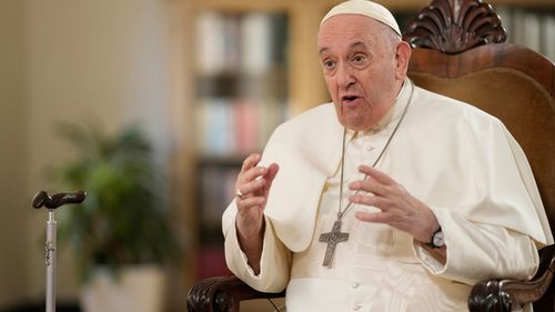 Pope Francis pauses during an interview with The Associated Press at The Vatican.