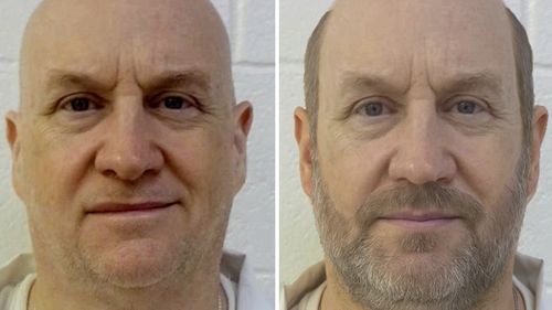 This combo of images provided by the Arkansas Department of Corrections shows an actual photo of inmate Grant Hardin, left, and a photo rendering of the convicted former police chief known as the Devil in the Ozarks" as the search for the escaped inmate headed into its second week. (Arkansas Department of Corrections via AP)