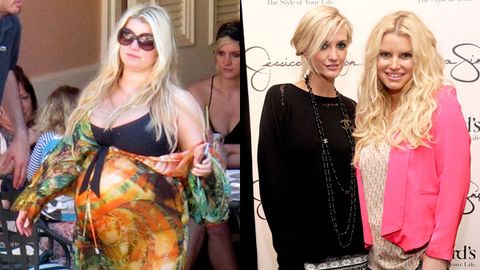 Before: Heavily pregnant Jessica Simpson/After: Slimmed down Jess with sister Ashlee
