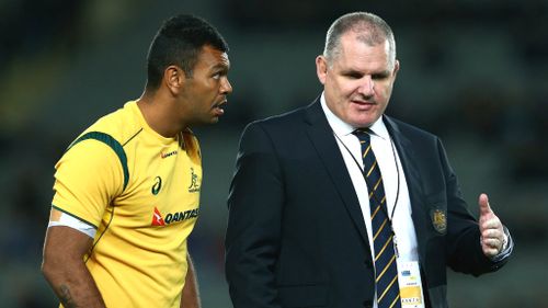 Wallabies payer Kurtley Beale with coach Ewen McKenzie. (Getty)