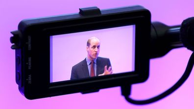 A camera captures Prince William, Duke of Cambridge talking about new workplace mental health initiatives at Unilever House on March 1, 2018 in London, England.