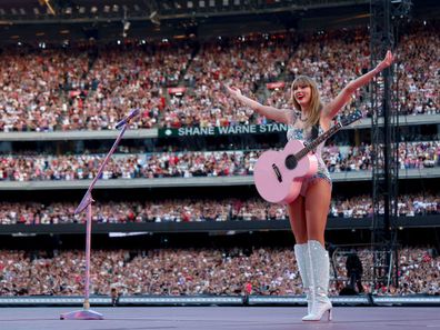 Taylor Swift performs on stage at Melbourne Cricket Ground on February 16, 2024 in Melbourne 