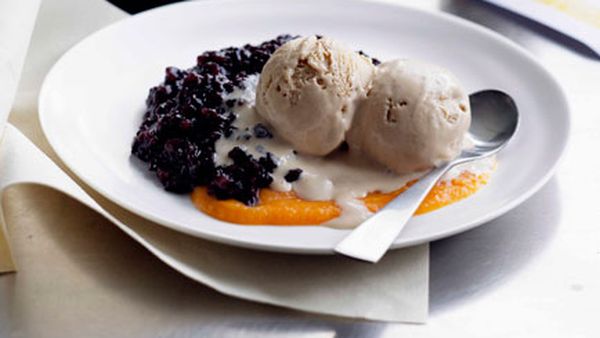 Coconut ice-cream, black glutinous rice and pumpkin sauce