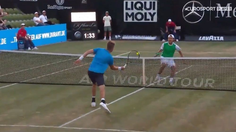 Lucas Pouille and Jan-Lennard Struff engage in ping pong rally at Stuttgart Open