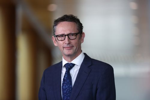 Assistant Treasurer Stephen Jones during a doorstop about the governments anti scam laws at Parliament House in Canberra on November 19, 2024. fedpol Photo: Dominic Lorrimer