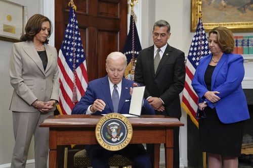 US Vice President Kamala Harris, Health, US President Joe Biden and Human Services Secretary Xavier Becerra, and Deputy Attorney General Lisa Monaco