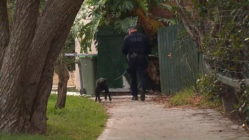 Police this morning with a sniffer dog at the scene. Picture: 9News