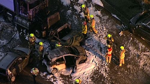 Hero onlookers jumped into action, pulling people from their vehicles as smoke from the inferno consumed the air. Picture: 9NEWS