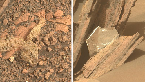 La perseverancia encuentra regularmente restos de su descenso.  En Sol 477 encontró una pieza retorcida de material de red Dacron (izquierda).  Y en Sol 467 encontró restos de una manta térmica. 