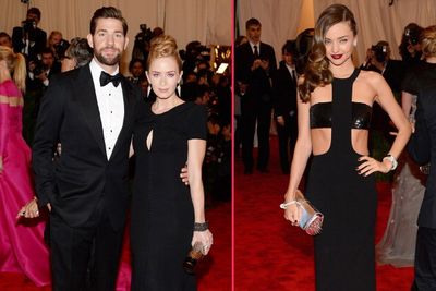 Emily Blunt dons a Carolina Herrera gown while her hubby kept it classy in Tom Ford at the MET Gala in NYC while Miranda Kerr is rocking a Michael Kors dress, Tabitha Simmons shoes, Cartier jewels, and carrying a Christian Louboutin purse.