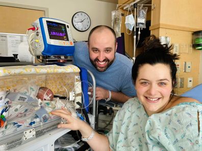 Lauren and Joshua with baby Oliver after rare exit procedure. 