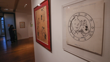 The Tintin panel is displayed at the Artcurial auction house in Paris, Wednesday, Jan. 13, 2021. (AP Photo/Michel Euler)