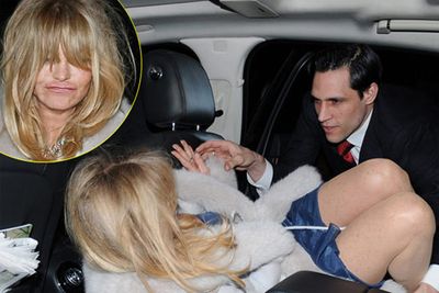 Sixty-six-year-old Goldie Hawn needed some help getting into her limo after an all-nighter in London. There's no age limit on partying hard!