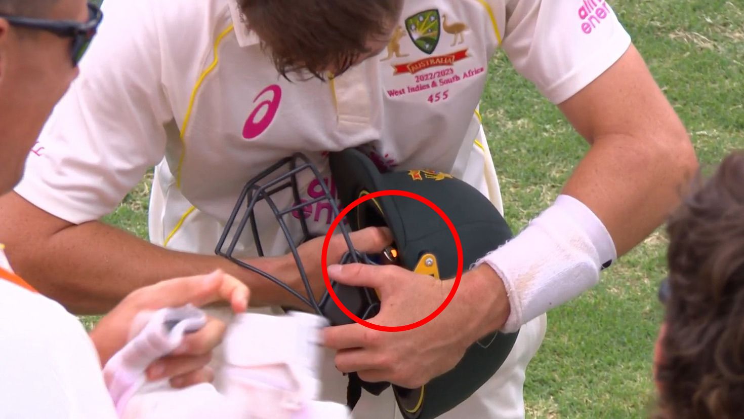 Marnus Labuschagne burned something on the inside of his helmet during the drinks break of the first morning of the third test against South Africa.