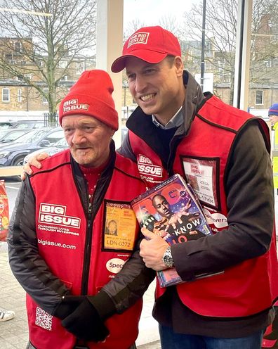 Prince William and Dave sell Big Issue magazines together in Hammersmith, London