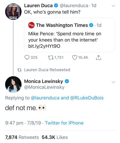 Monica Lewinsky responded to journalist Lauren Duca's tweet with a tongue-in-cheek comment. 