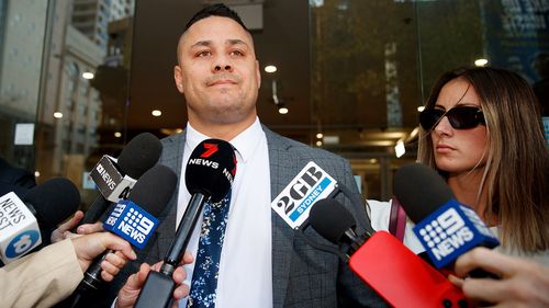 Jarryd Hayne leaves court after he was convicted by a jury of sexual assault on April 4, 2023.
