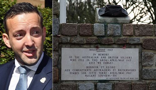 RSL NSW president James Brown and a memorial to Australian and British soldiers in Bullecourt. (Photos: AAP).