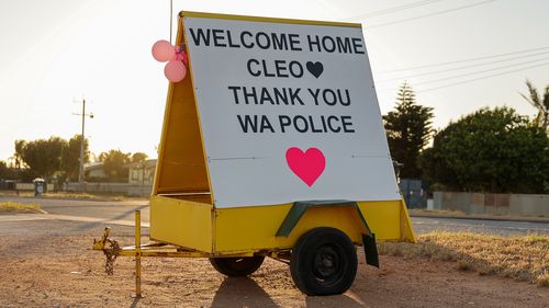 A sign thanking police for finding Cleo Smith is seen on the main road into Carnarvon, WA.