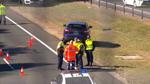 The M2 Motorway features a pedestrian bridge over the road for walkers to avoid crossing the lanes. Picture: 9NEWS.