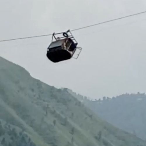 A view shows cable car carrying students stranded mid-air in Battagram, Pakistan, August 22, 2023, in this screen grab obtained from social media video.   