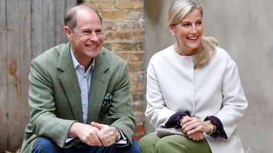 Prince Edward, Earl of Wessex and Sophie, Countess of Wessex sit on a hay bale during a visit to Vauxhall City Farm on October 1, 2020 in London, England. Their Royal Highnesses visit is to see the farm&#x27;s community engagement and education programmes in action, as the farm marks the start of Black History Month