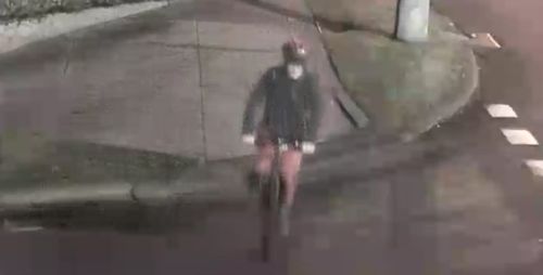 CCTV released by Victoria Police of a person on a pushbike related to the antisemitic graffiti at Mount Scopus Memorial College.