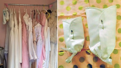 Donated dresses; one of Ms Thomas' burial 'cocoons' for small babies. (Facebook/Lisha Thomas/Little Gowns)