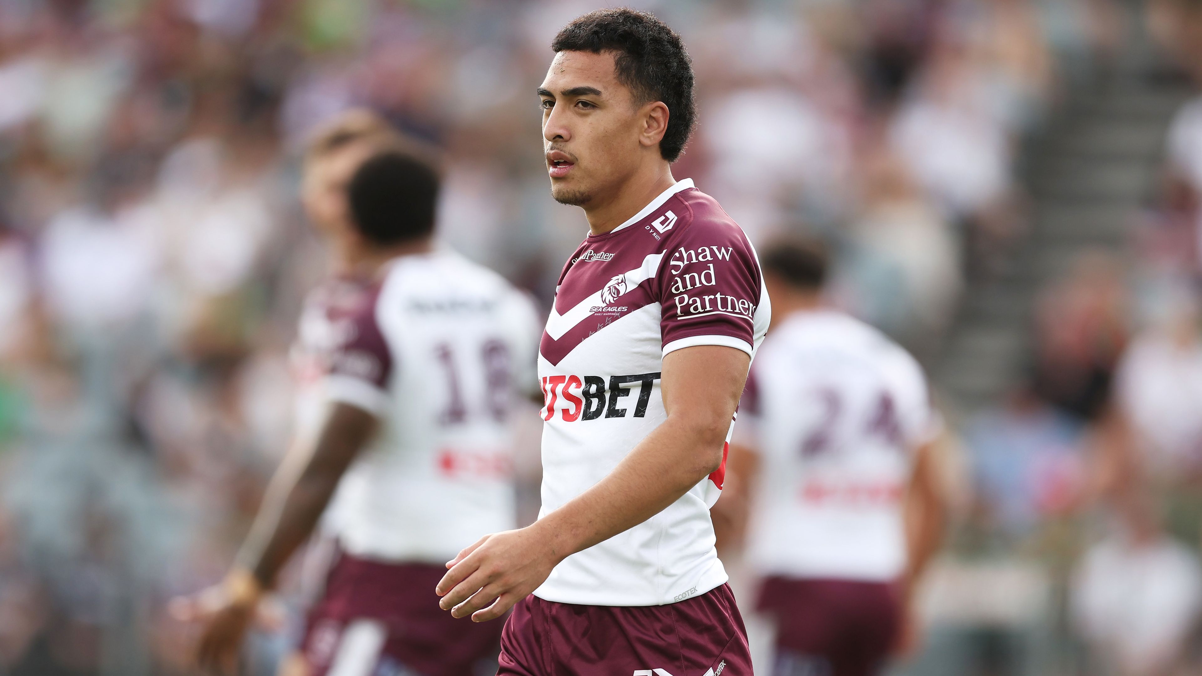 Lehi Hopoate of the Sea Eagles during an NRL pre-season trial match.