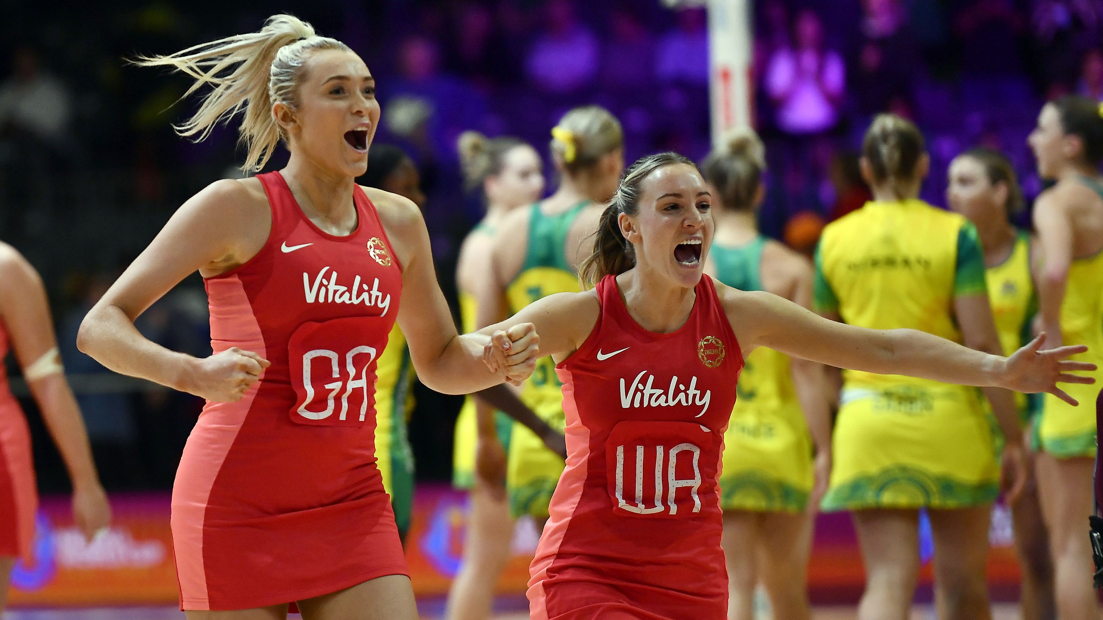 CAPE TOWN, SOUTH AFRICA - AUGUST 03: Helen Housby and Natalie Metcalf (Co-Captain) of England celebrates during the Netball World Cup 2023, Pool F match between Australia and England at Cape Town International Convention Centre Court 1 on August 03, 2023 in Cape Town, South Africa. (Photo by Ashley Vlotman/Gallo Images/Netball World Cup 2023 via Getty Images)