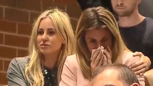 Roxy Jacenko comforts Candice Warner during David's press conference. Picture: 9NEWS