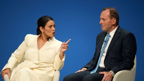 Priti Patel, in conversation with Tony Abbott, former Australian PM on day three of the Conservative party conference on October 7, 2025 in Manchester, England. 