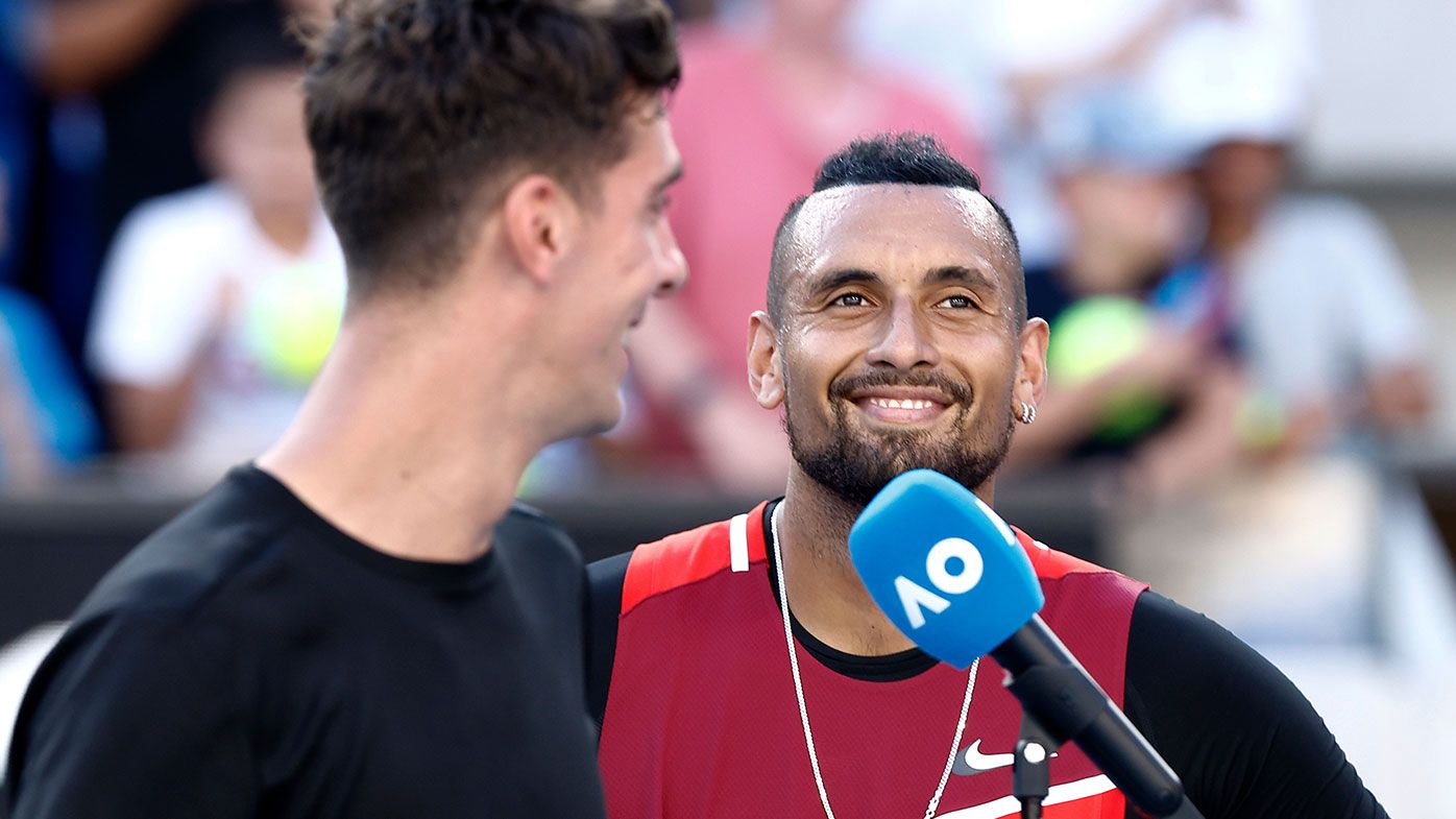 Thanasi Kokkinakis of Australia and Nick Kyrgios of Australia are interviewed after winning their Men&#x27;s Doubles Quarterfinals match against Tim Puetz of Germany and Michael Venus of New Zealand