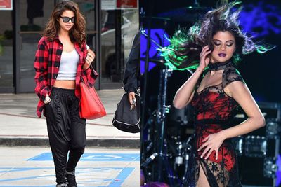 Sexy Selena Gomez may run around town in faux-leather sweatpants... but a hint of her taut midriff suggests she's got a sultry side. <br/><br/>'Come and Get It' Bieber?!  <br/>