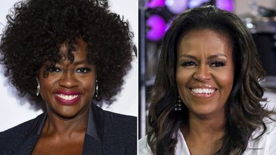 Viola Davis at the Glamour Women of the Year Awards in New York on November 12, 2018, left, and former first lady Michelle Obama on NBC's Today show in New York on October 11, 2018