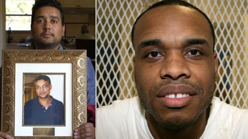 Mitesh Patel, holding a photo of his father 'Hash' who was killed by Chris Young, right. (Photos: AP/Facebook).