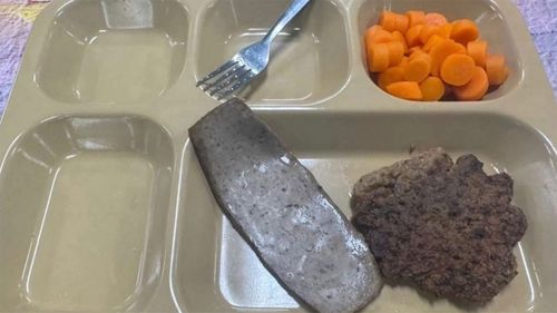 Un altro pasto era un tortino di carne macinata, un pezzo di carne non identificato e alcune carote a fette.