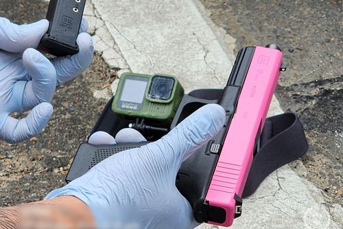A pink gun, green GoPro and ammunition seized by police in an attempted hitjob.