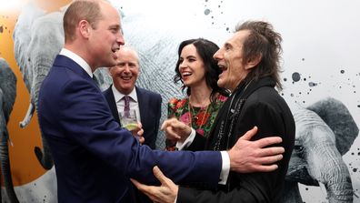 Prince William, Prince of Wales, Founder and CEO of Tusk Trust Charlie Mayhew OBE and Tusk Ambassadors Sally Wood and Ronnie Wood attend the 2023 Tusk Conservation Awards at The Savoy Hotel on November 27, 2023 in London 