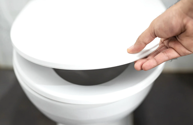 Toilet bowl with person lifting seat 