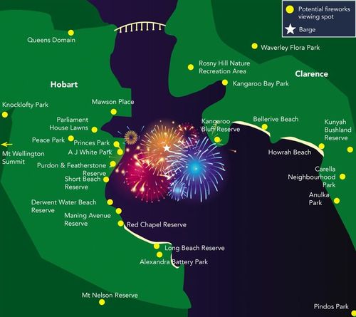 Map of New Year's Eve fireworks viewing locations in Hobart.