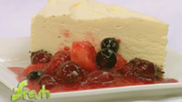 poached fruit in strawberry sauce