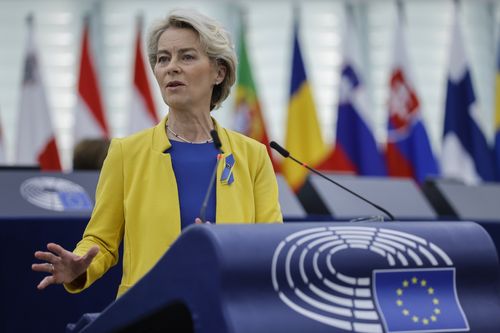 European Commission President Ursula von der Leyen gestures as she speaks on Ukraine at the European Parliament in Strasbourg, eastern France. 