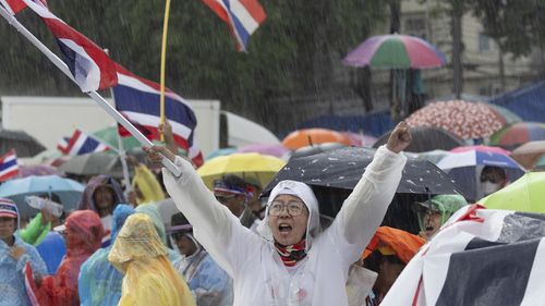 Protesters gather at Victory Monument demanding Thailand's Prime Minister Paetongtarn Shinawatra resign in Bangkok, Thailand.