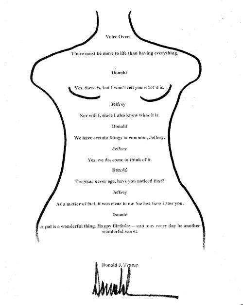 Donald Trump ha negato di aver scritto questo messaggio di compleanno a Jeffrey Epstein.