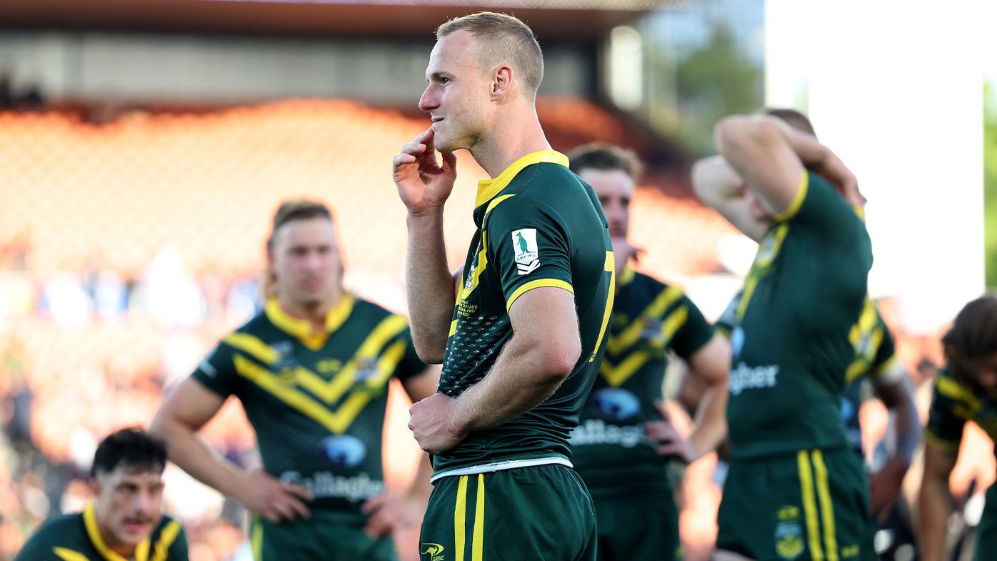 HAMILTON, NEW ZEALAND - NOVEMBER 04: Daly Cherry-Evans of Australia looks dejected following the Men&#x27;s Pacific Championship Final match between Australia Kangaroos and New Zealand Kiwis at Waikato Stadium on November 04, 2023 in Hamilton, New Zealand. (Photo by Phil Walter/Getty Images)