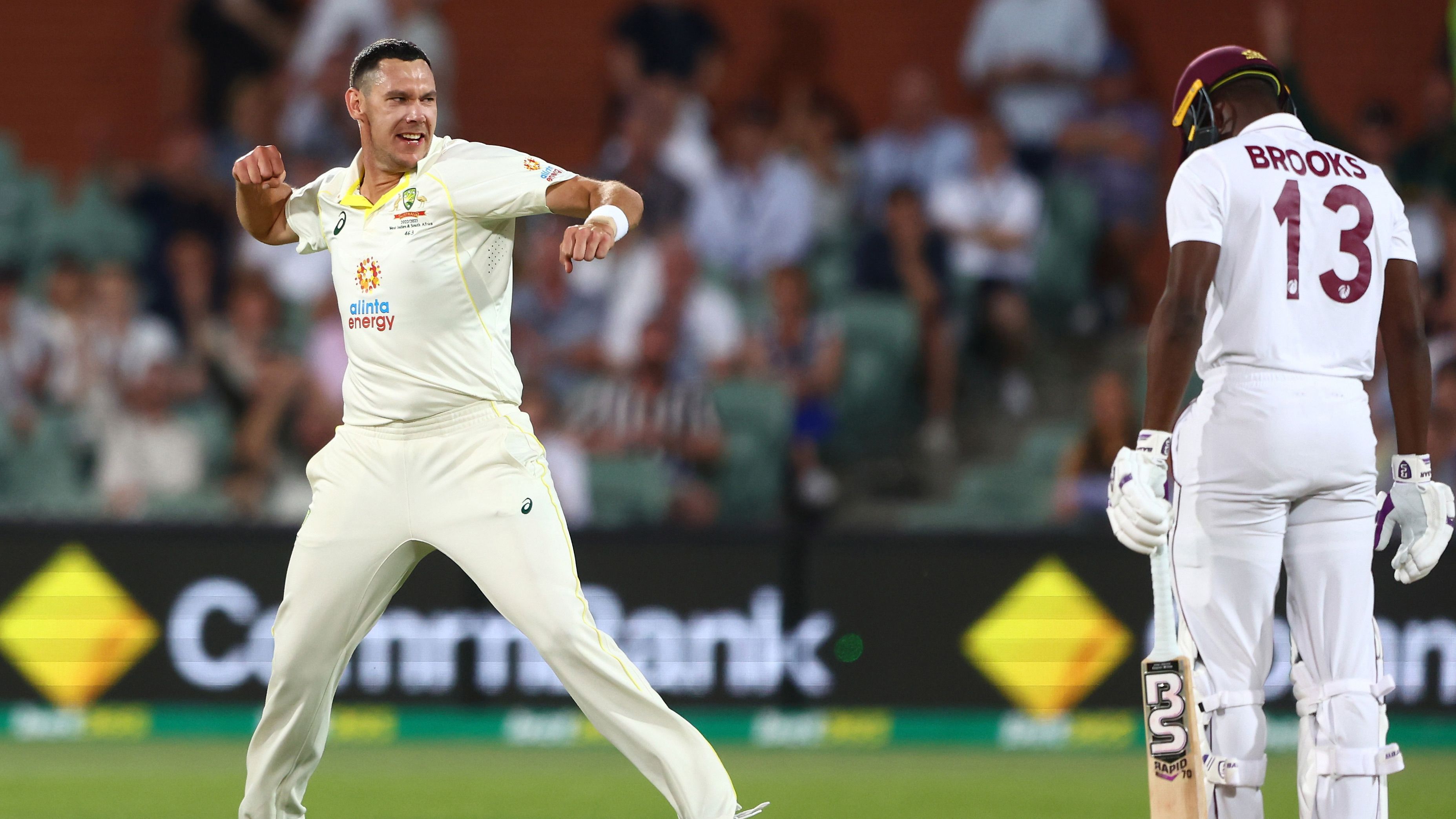 Scott Boland of Australia celebrates the wicket of Shamarh Brooks of West Indies during day three of the Second Test Match in the series between Australia and the West Indies at Adelaide Oval on December 10, 2022 in Adelaide, Australia. (Photo by Chris Hyde/Getty Images)