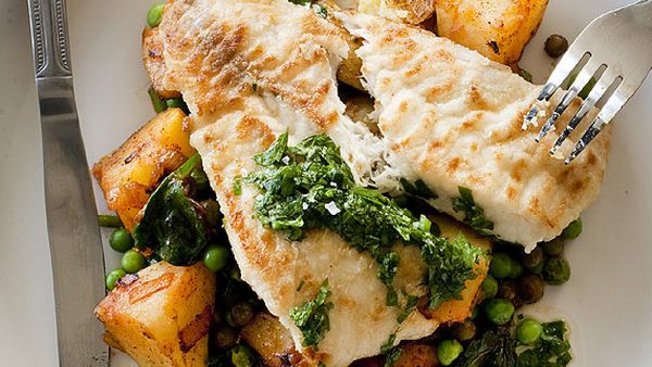 Blue-eye cod with Spanish potatoes, peas and chorizo