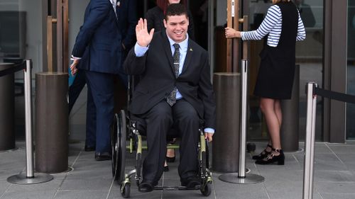 Jordon Steele-John arriving at Parliament House in Canberra ahead of being sworn-in to the senate this morning (Image: AAP)