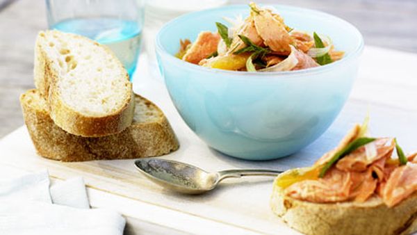 Poached ocean trout, fennel and orange salad with baguette